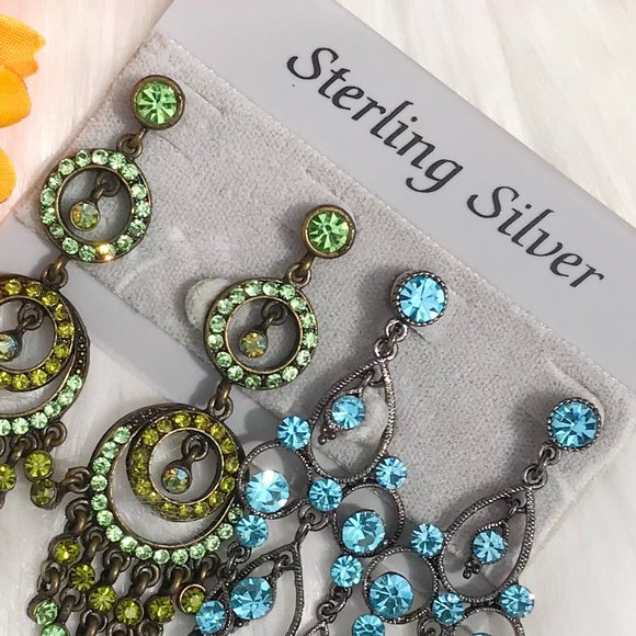 Boho Earrings Rhinestone Long Dressy Post Drop Dangles Jeweled Green & Blue NWT - Picture 4 of 5